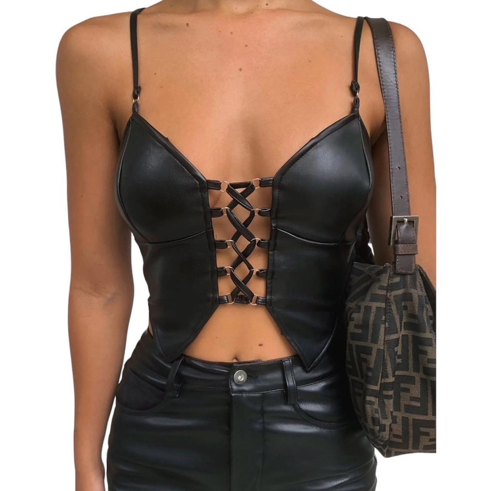 TIGER MIST Faux Leather Criss Cross Top in Black